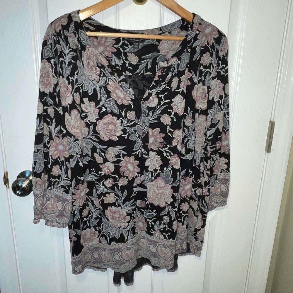 Lucky Brand Black Floral‎ Popover Tunic Top Size 2X V Neck 3/4 Sleeves